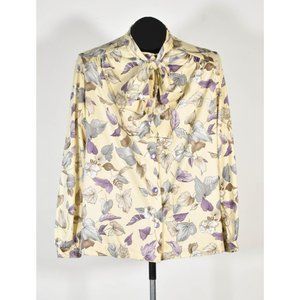 70s Cream & Purple Floral Bow Blouse Size L